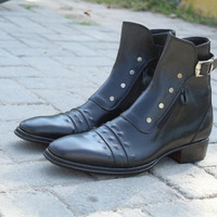 Handmade Black Leather Ankle High Combat Buckle Boot with Zipper and Button - Thumbnail 3
