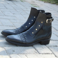 Handmade Black Leather Ankle High Combat Buckle Boot with Zipper and Button - Thumbnail 4