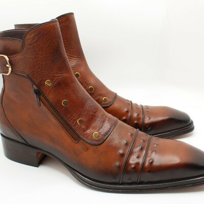Italian dark brown dress designer men plato ankle high long buckle boots with zippers and buttons - Thumbnail 4