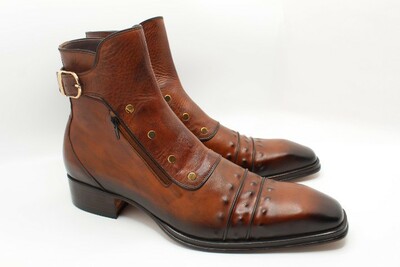 Italian Dark Brown Dress Designer Men Plato Ankle High Long Buckle Boots with Zippers and Buttons
