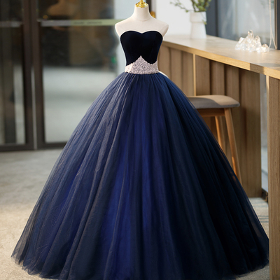 Blue tulle long formal dress with velvet, blue sweetheart neck prom dress - Thumbnail 1