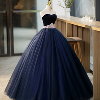 Blue Tulle Long Formal Dress with Velvet, Blue Sweetheart Neck Prom Dress - Thumbnail 1