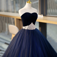 Blue Tulle Long Formal Dress with Velvet, Blue Sweetheart Neck Prom Dress - Thumbnail 2
