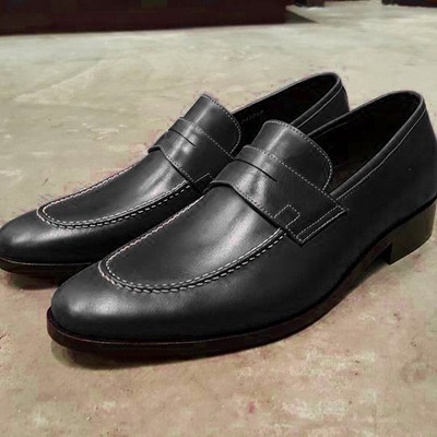 Simply design handmade black leather penny style moccasin dress shoes