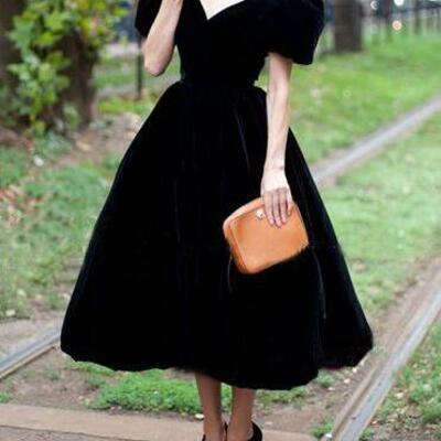 Beautiful velvet v neck tea length prom dresses with short sleeves - Thumbnail 1