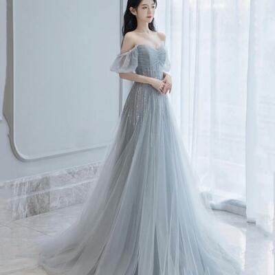 A line gray tulle beads long prom dress evening dress