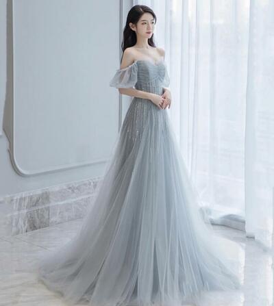 A Line Gray tulle beads long prom dress evening dress