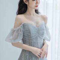 A Line Gray tulle beads long prom dress evening dress - Thumbnail 1