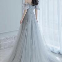 A Line Gray tulle beads long prom dress evening dress - Thumbnail 2
