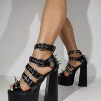 New Punk Style Sandals Women Metal Decorative High Heels Platform Chunky Heels Round Toe Belt Buckle Sandals - Thumbnail 4