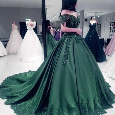 Off shoulder long satin beaded appliques prom dresses  - Thumbnail 2