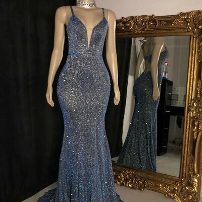 Glitter spaghetti straps v neck open back formal evening dresses - Thumbnail 1