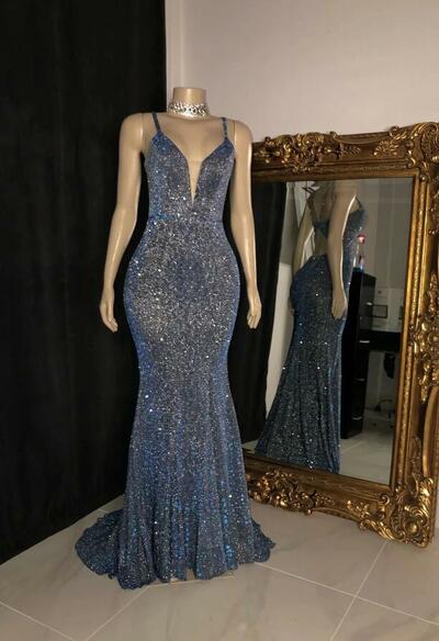 Glitter Spaghetti Straps V Neck Open Back Formal Evening Dresses