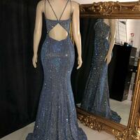 Glitter Spaghetti Straps V Neck Open Back Formal Evening Dresses - Thumbnail 1