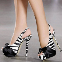Women Evening High Heels Sandals Stiletto Open Toe Striped Slingback Shoes Pumps - Thumbnail 1