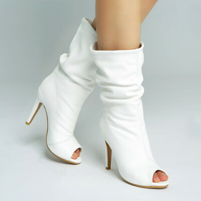 Peep toe patent vegan leather ankle boots white