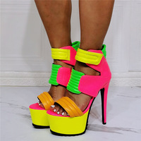 15CM High Heels Womens Platform Peep Toe Sandals Pumps Shoes For Party Dress-Yellow - Thumbnail 1