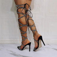 High Heel Women's Sexy Stiletto High Heel Sandals with Rhinestone Straps for Party-Black - Thumbnail 1