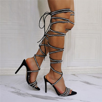 High Heel Women's Sexy Stiletto High Heel Sandals with Rhinestone Straps for Party-Black - Thumbnail 3