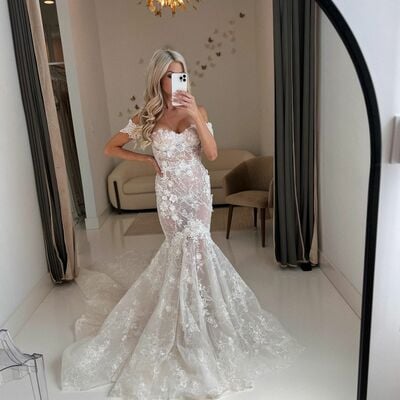 Stunning mermaid off the shoulder lace appliques wedding dresses 2023