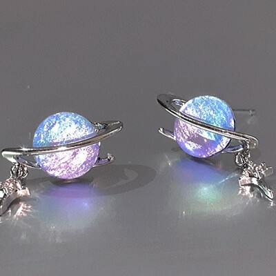 Fantasy planet galaxry universe purple blue gradient silver earrings