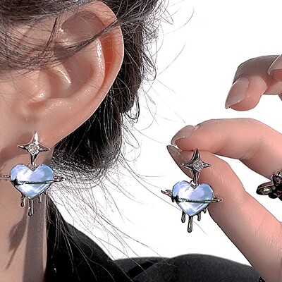 Melting ice blue heart astral sparkling blue silver earrings
