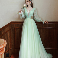 Green V-Neck Tulle Long Prom Dress, Long Sleeve Evening Dress - Thumbnail 2