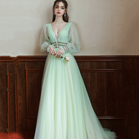 Green V-Neck Tulle Long Prom Dress, Long Sleeve Evening Dress - Thumbnail 4
