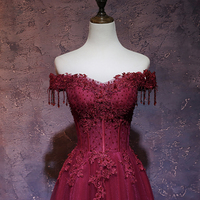 Burgundy Lace Tulle Long Prom Dress, Off Shoulder Evening Dress - Thumbnail 1