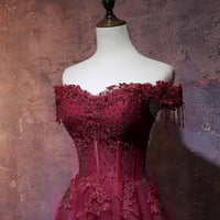 Burgundy Lace Tulle Long Prom Dress, Off Shoulder Evening Dress - Thumbnail 2