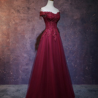 Burgundy Lace Tulle Long Prom Dress, Off Shoulder Evening Dress - Thumbnail 3