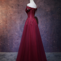 Burgundy Lace Tulle Long Prom Dress, Off Shoulder Evening Dress - Thumbnail 4