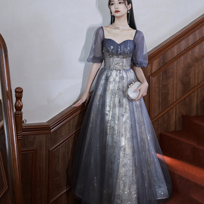 Lovely tulle sequins long prom dress, a-line short sleeve evening party dress - Thumbnail 1