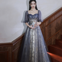 Lovely Tulle Sequins Long Prom Dress, A-Line Short Sleeve Evening Party Dress - Thumbnail 1