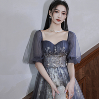 Lovely Tulle Sequins Long Prom Dress, A-Line Short Sleeve Evening Party Dress - Thumbnail 2