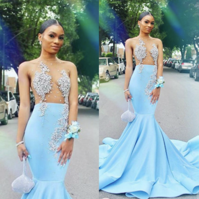 Sky blue prom dresses with beaded sheer neck