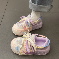 Beads Lace Color Pastel Decorative Summer Spring Girl Women Thick Big Soles White Pink Blue Purple Sporty Sneaker Shoes - Thumbnail 5