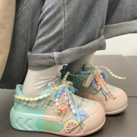 Beads Lace Color Pastel Decorative Summer Spring Girl Women Thick Big Soles White Pink Blue Purple Sporty Sneaker Shoes - Thumbnail 3