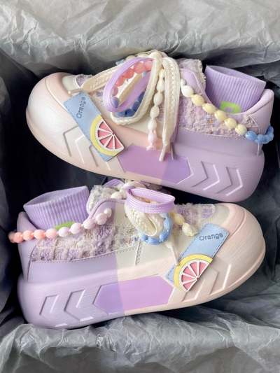 Beads Lace Color Pastel Decorative Summer Spring Girl Women Thick Big Soles White Pink Blue Purple Sporty Sneaker Shoes