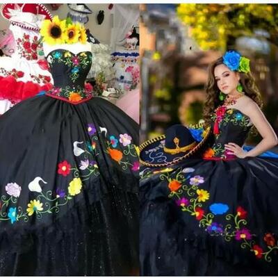 Black mexican style quinceanera dresses charro flowers embroidered lace layers tulle satin prom vestidos para xv anos,1565 - Thumbnail 1