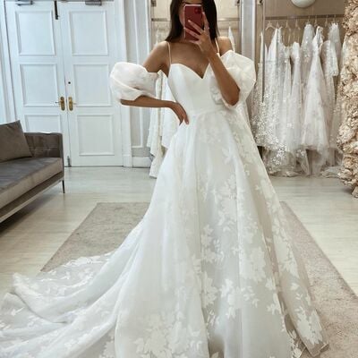 Beautiful a-line v neck spaghetti straps white wedding dresses with sleeves