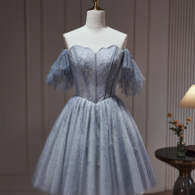 Gray blue tulle beaded short prom dress, cute sweetheart neck party dress - Thumbnail 1