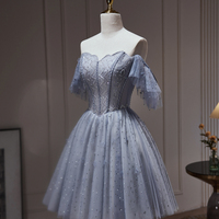 Gray Blue Tulle Beaded Short Prom Dress, Cute Sweetheart Neck Party Dress - Thumbnail 2