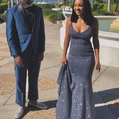 Glitter spaghetti straps mermaid long v neck prom dresses  - Thumbnail 1