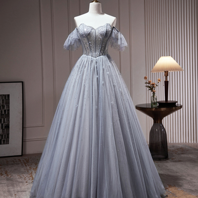 Gray blue tulle beaded long prom dress, cute sweetheart neck party dress - Thumbnail 2