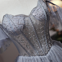 Gray Blue Tulle Beaded Long Prom Dress, Cute Sweetheart Neck Party Dress - Thumbnail 1