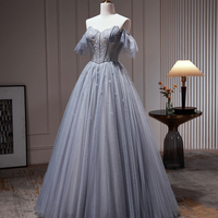 Gray Blue Tulle Beaded Long Prom Dress, Cute Sweetheart Neck Party Dress - Thumbnail 2