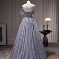 Gray Blue Tulle Beaded Long Prom Dress, Cute Sweetheart Neck Party Dress - Thumbnail 3