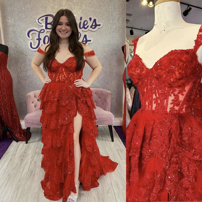 Red Prom Dresses Tired Sparkly Straps