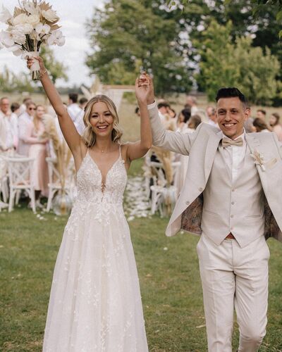 Fairy A Line V Neck Tulle Wedding Dresses with Appliques